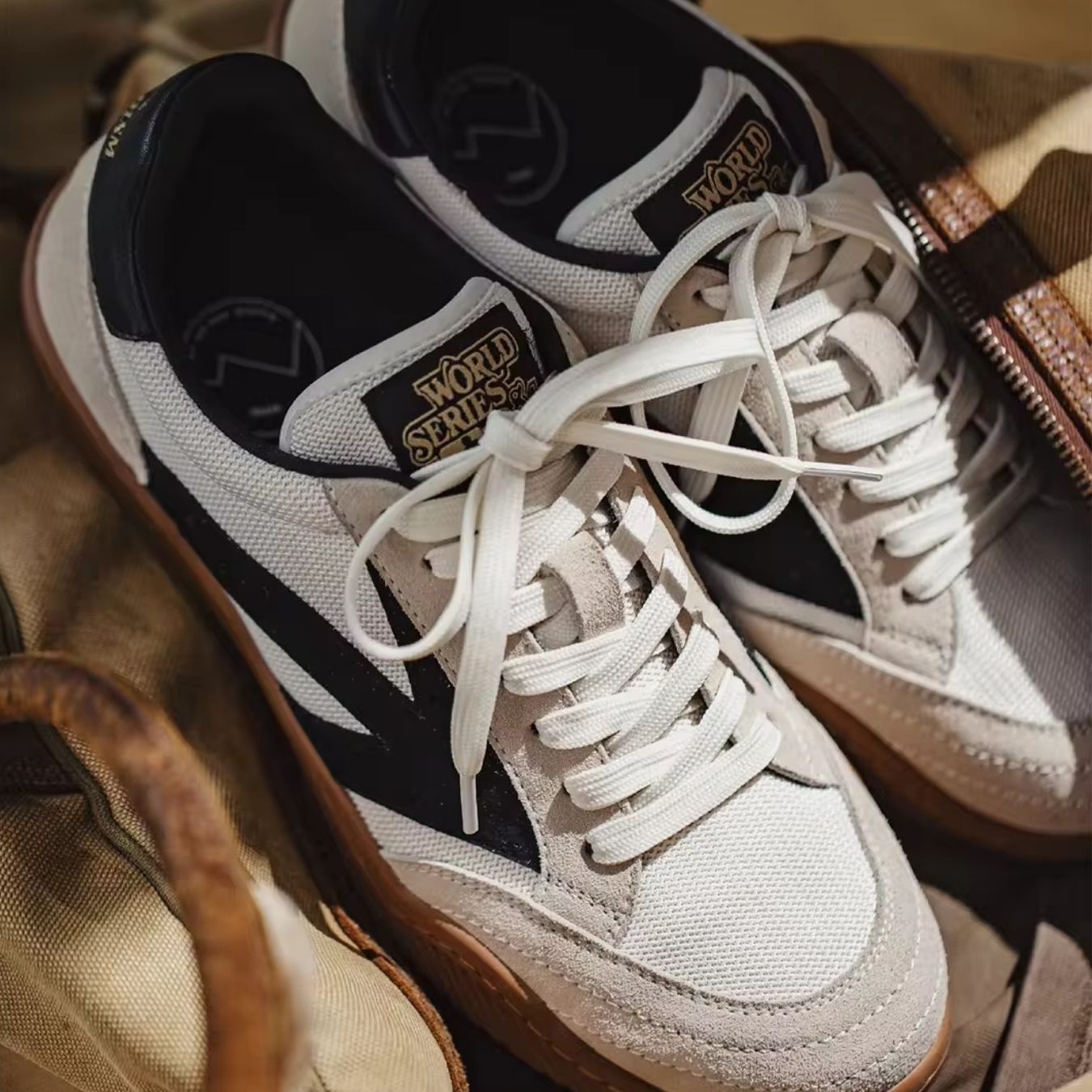 Lost Laces 01 Trendy Sporty Beige, Black Low Top Lace up men's women's casual urban stylish everyday sneakers with comfort padded and breathable features for utmost comfort tried on with men chinos khakis for a travel look